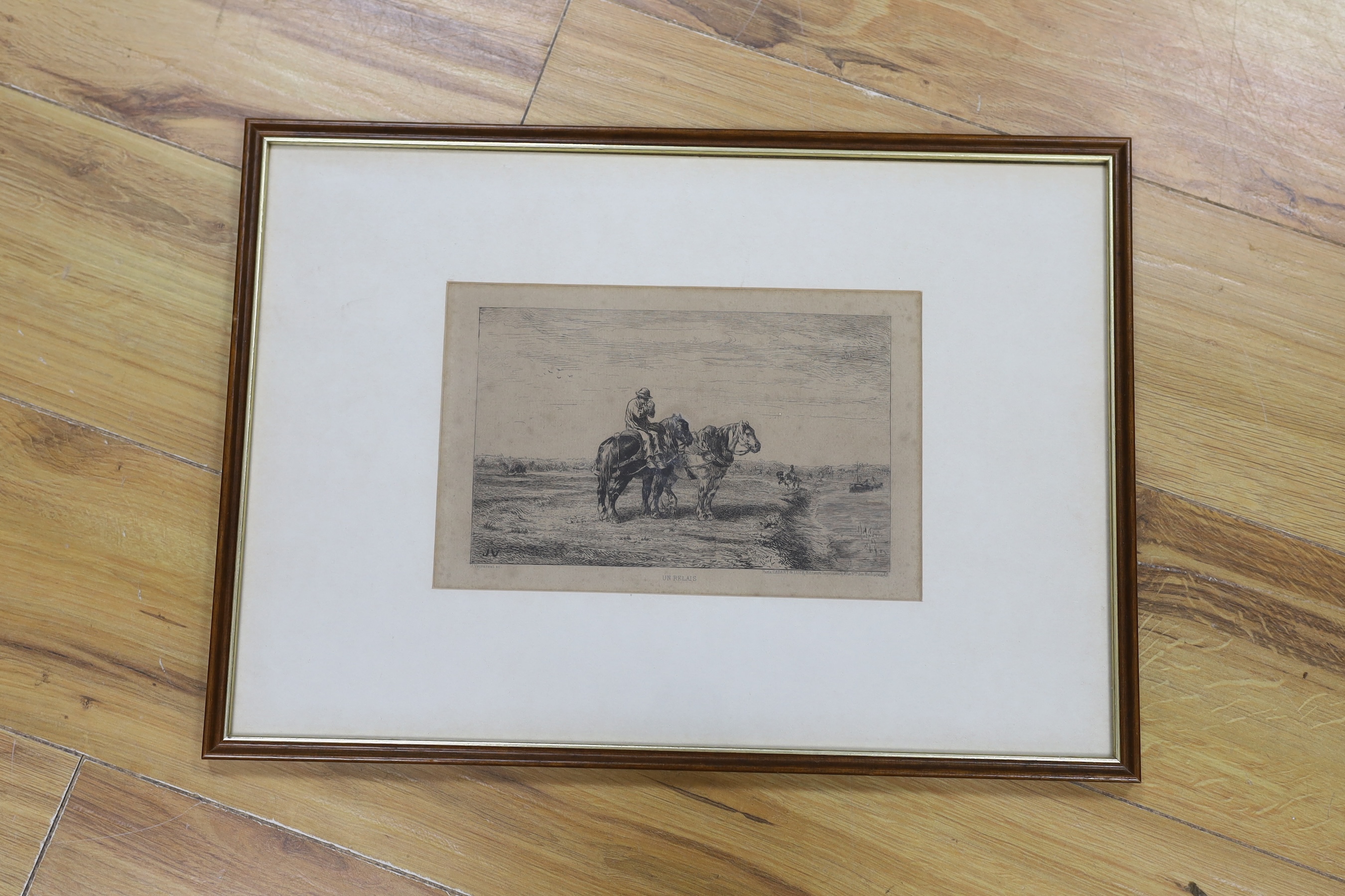 J. Veyrassat after Rosa Bonheur (French, 1822-1899), drypoint etching, 'Un Relais', figure with two horses, signed in pencil, 13.5 x 22cm. Condition - poor